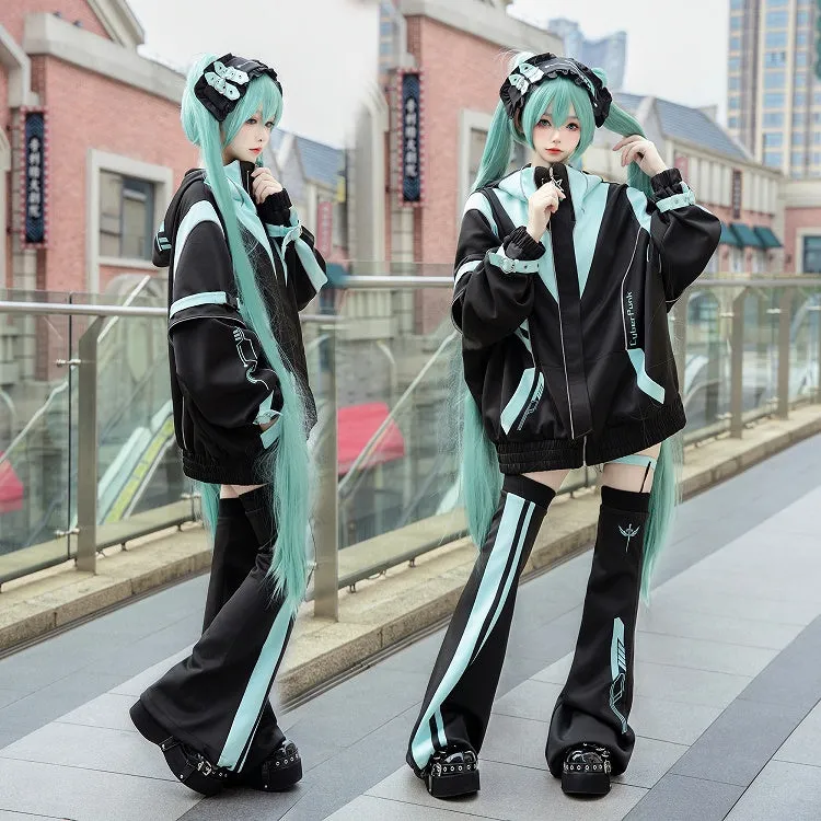 Black and Green Cyberpunk Jirai Kei Outfit - Hooded Jacket Shorts Leg Warmers Headpiece Full Set