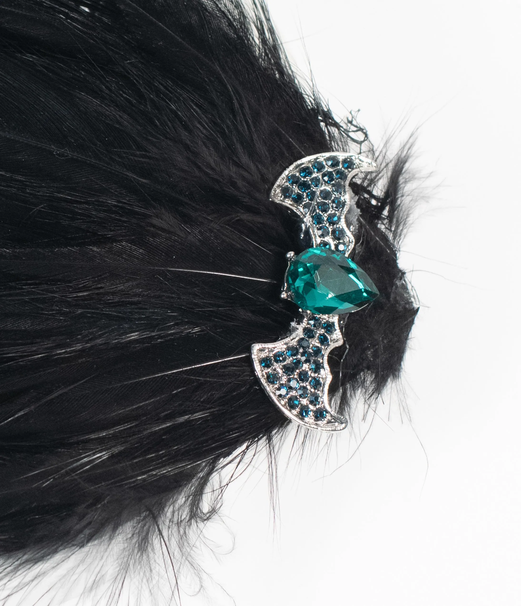 Black Feather & Teal Gemstone Bat Hair Clip