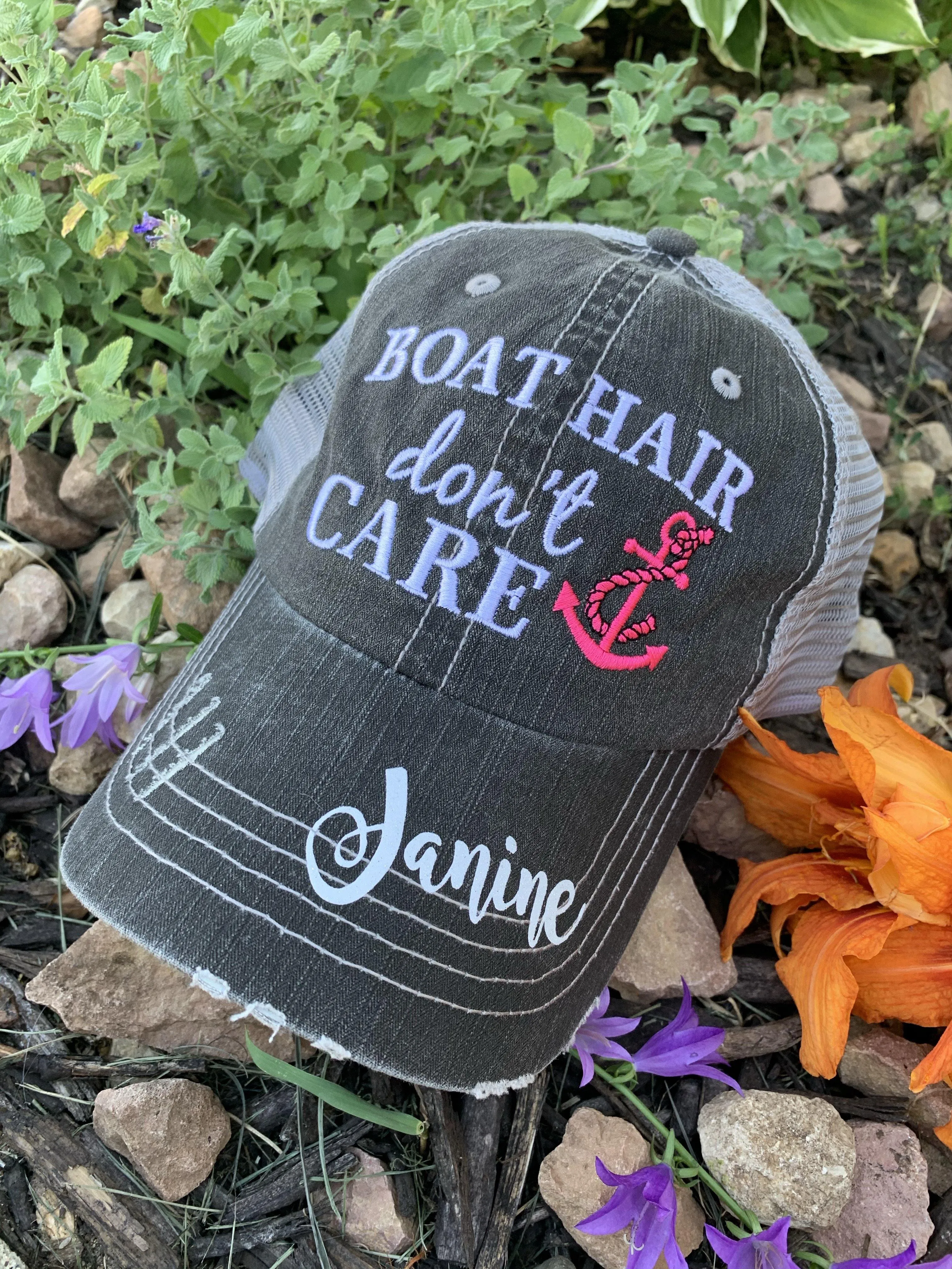 Boat hats Boat hair dont care FREE ship are Embroidered distressed gray trucker hats Anchors Pink Teal Boating