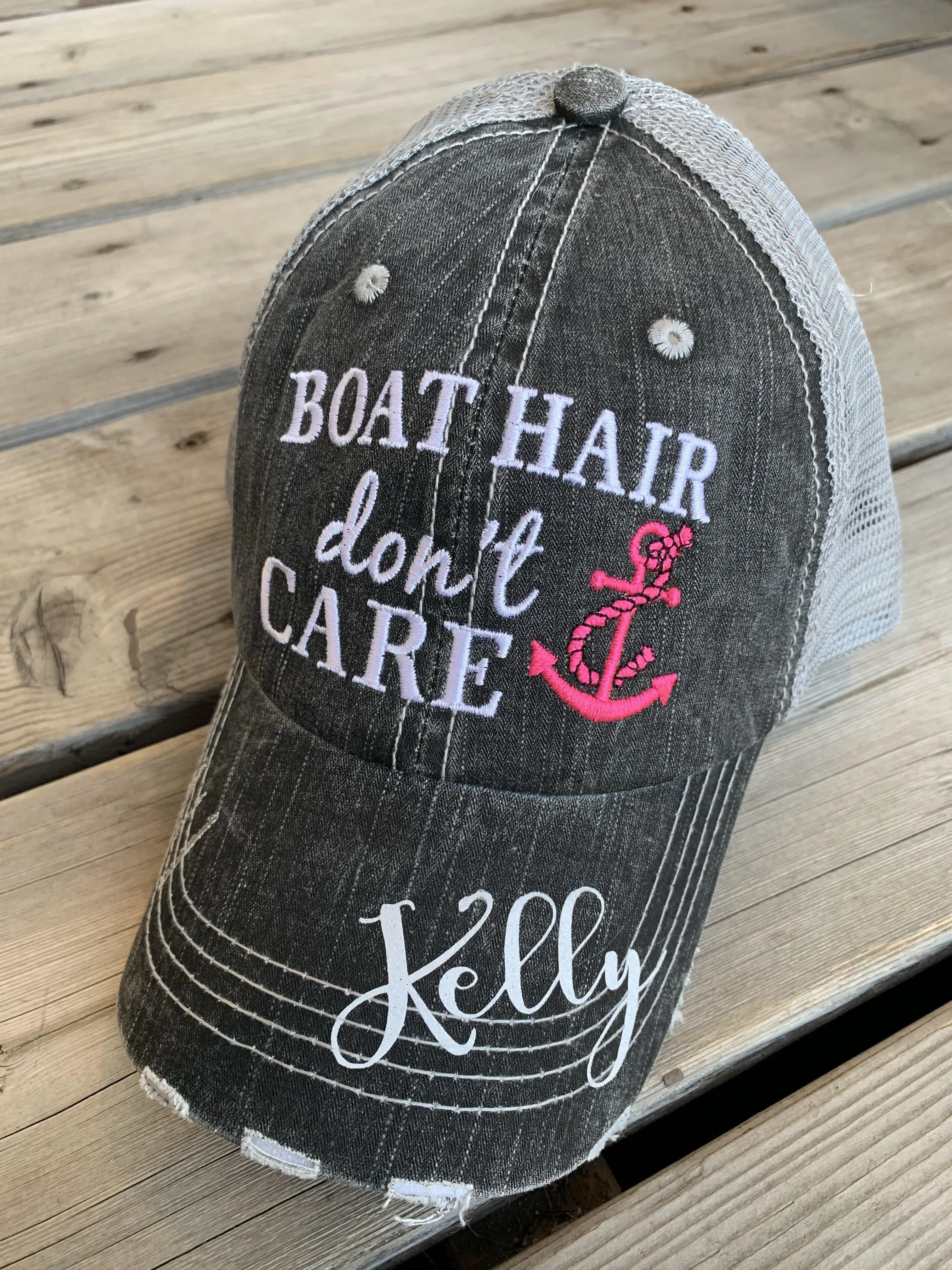 Boat hats Boat hair dont care FREE ship are Embroidered distressed gray trucker hats Anchors Pink Teal Boating