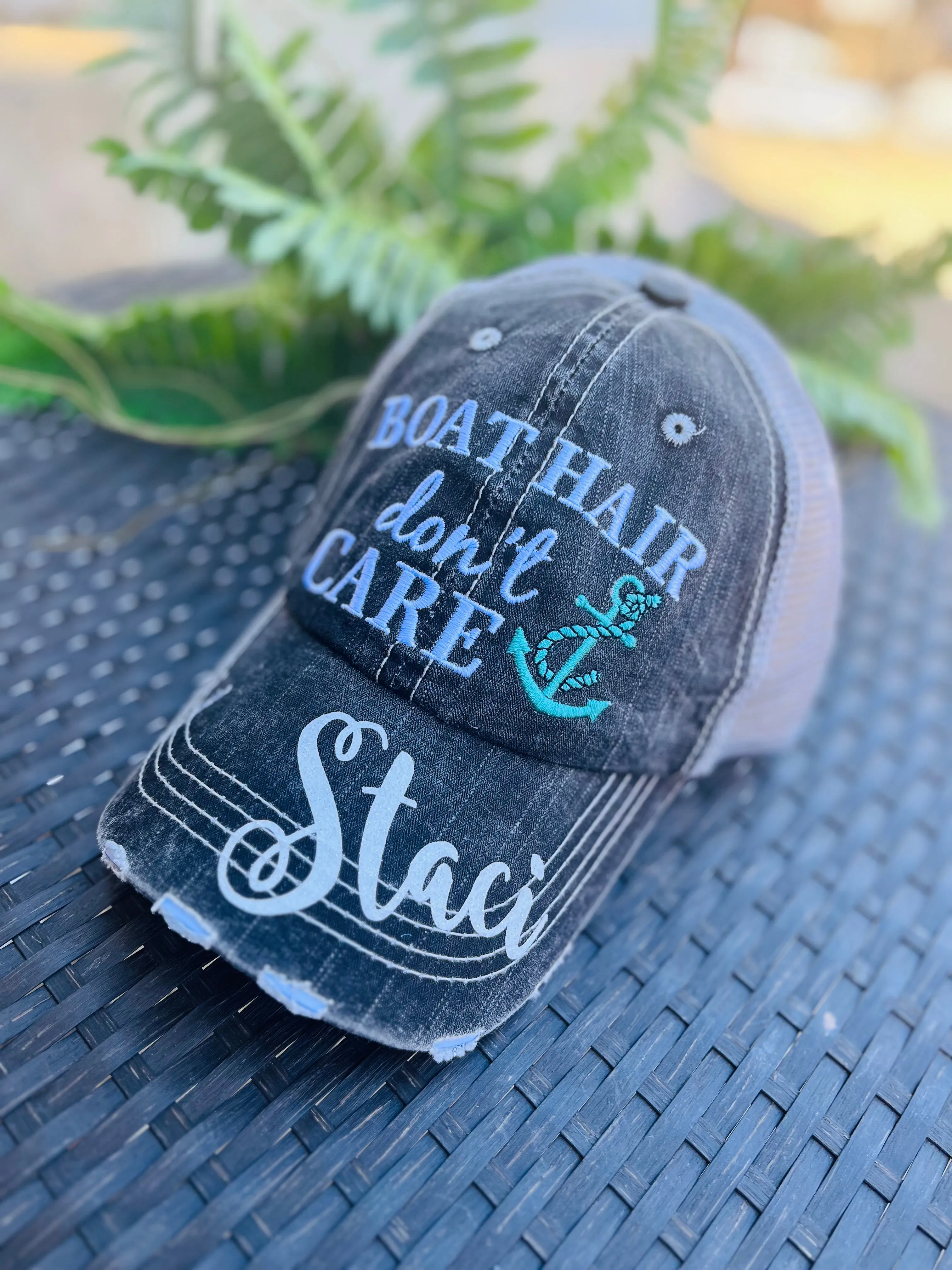 Boat hats Boat hair dont care FREE ship are Embroidered distressed gray trucker hats Anchors Pink Teal Boating