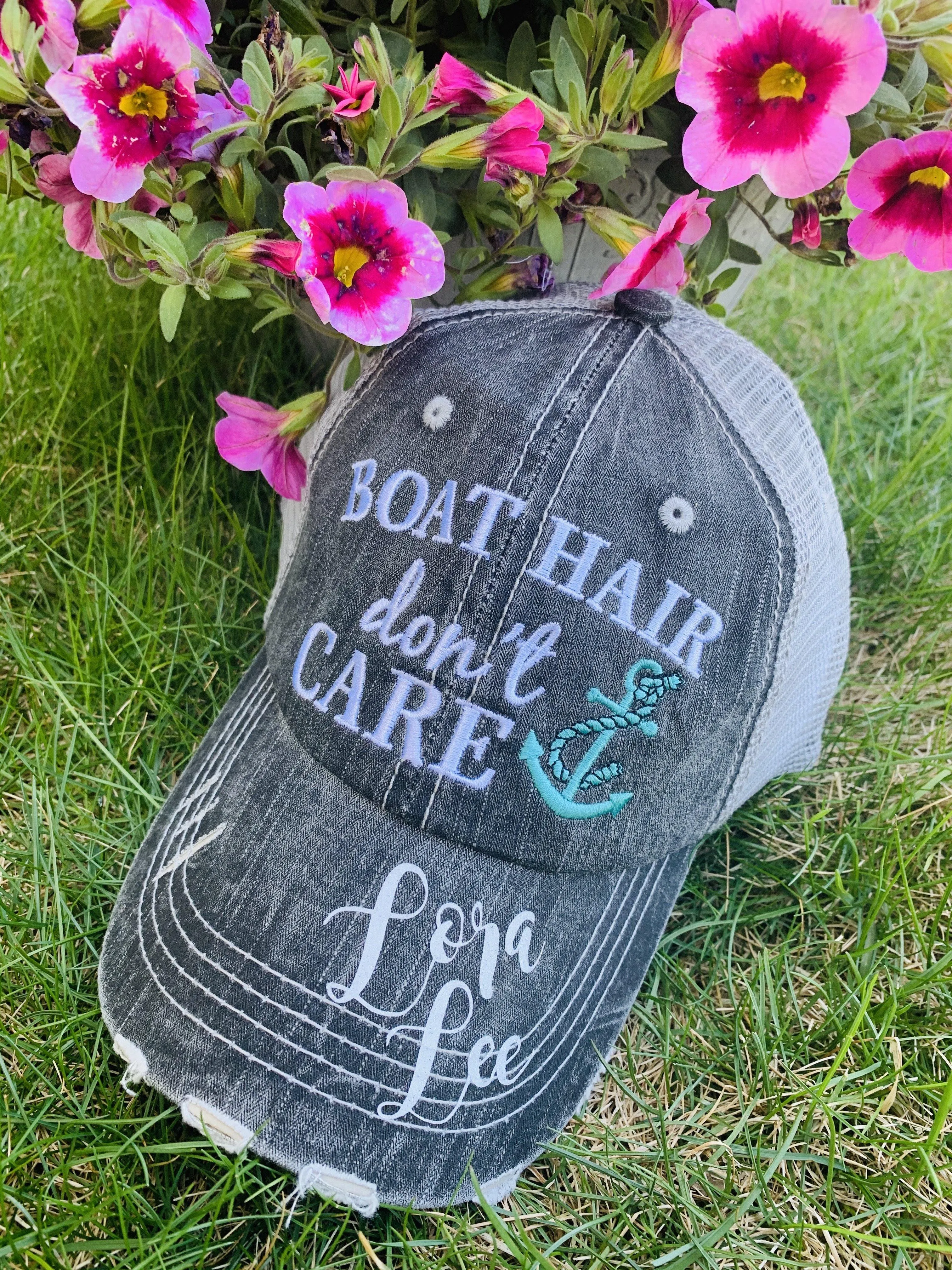 Boat hats Boat hair dont care FREE ship are Embroidered distressed gray trucker hats Anchors Pink Teal Boating