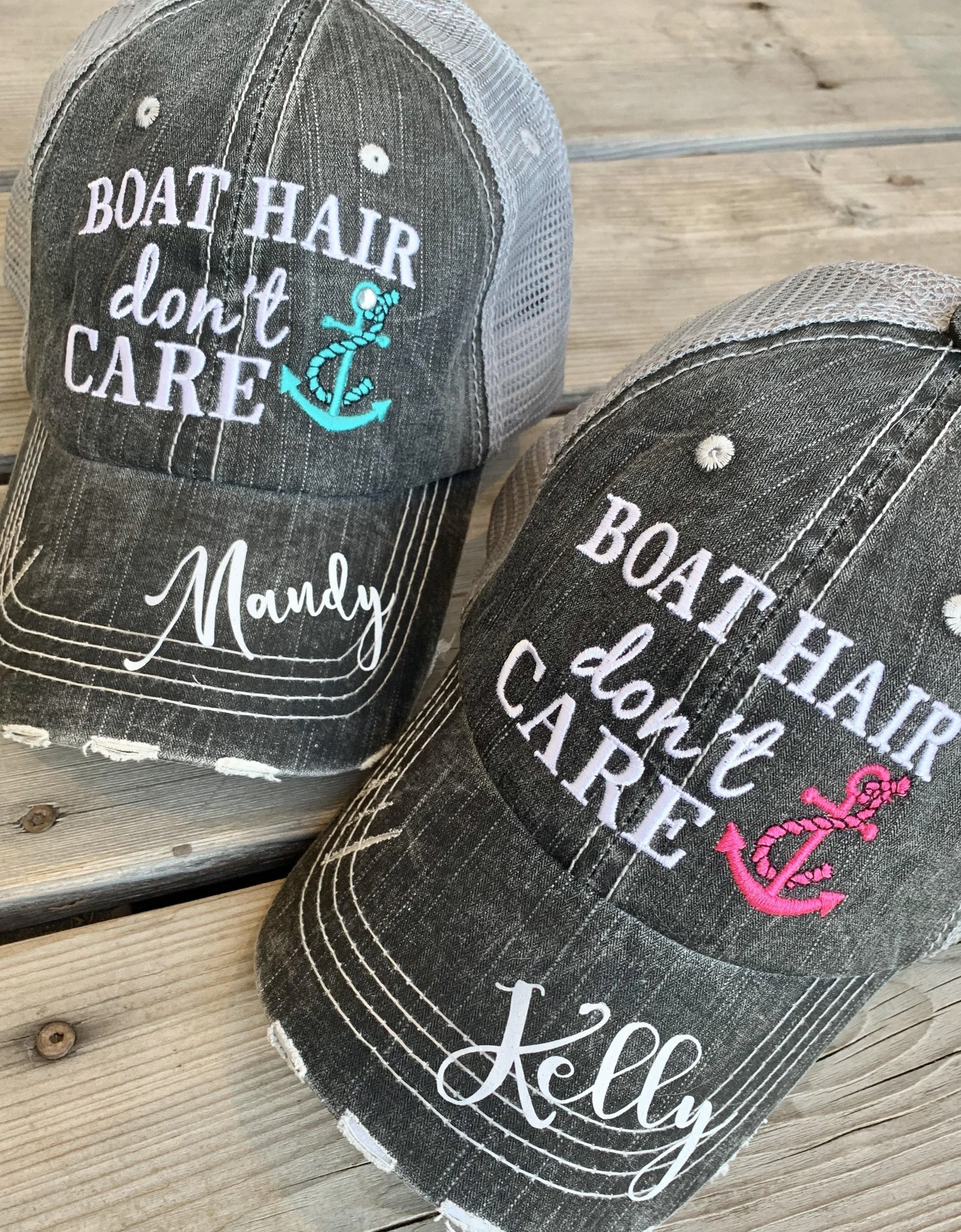 Boat hats Boat hair dont care FREE ship are Embroidered distressed gray trucker hats Anchors Pink Teal Boating
