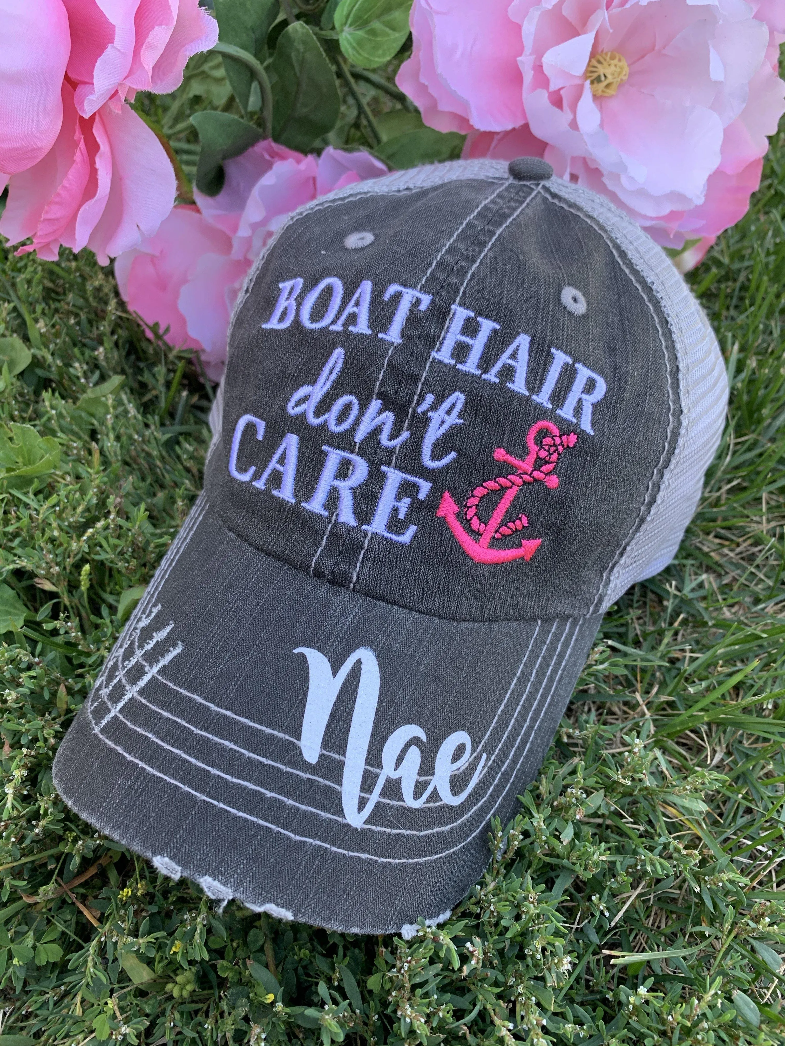 Boat hats Boat hair dont care FREE ship are Embroidered distressed gray trucker hats Anchors Pink Teal Boating