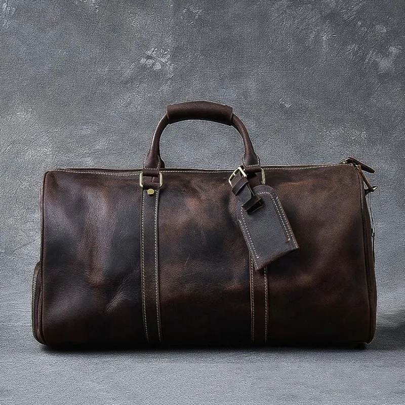 Crazy Horse Leather Travel Bags Vintage Men Duffle Bag Shoulder Messenger Bag Overnight Bag With Shoes Compartment
