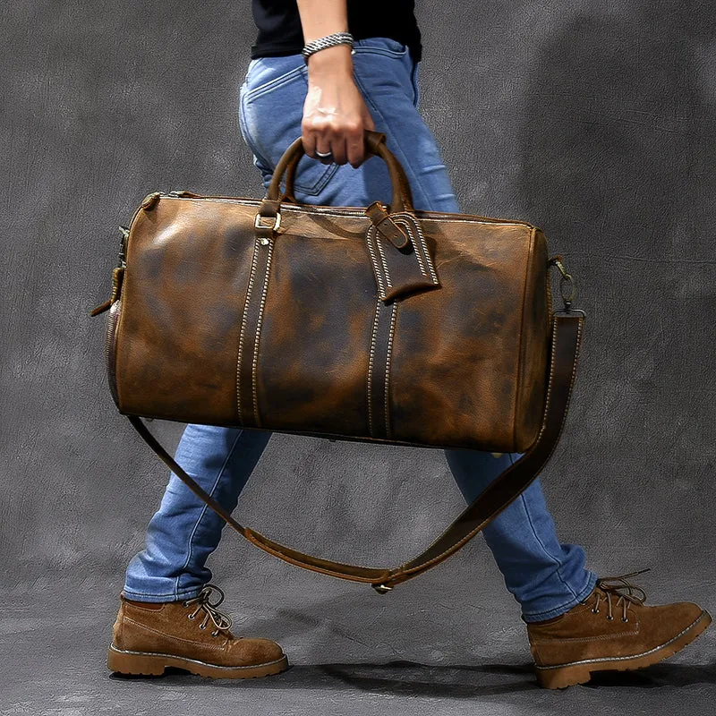 Crazy Horse Leather Travel Bags Vintage Men Duffle Bag Shoulder Messenger Bag Overnight Bag With Shoes Compartment