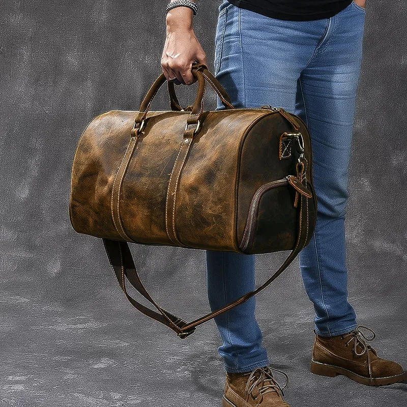 Crazy Horse Leather Travel Bags Vintage Men Duffle Bag Shoulder Messenger Bag Overnight Bag With Shoes Compartment