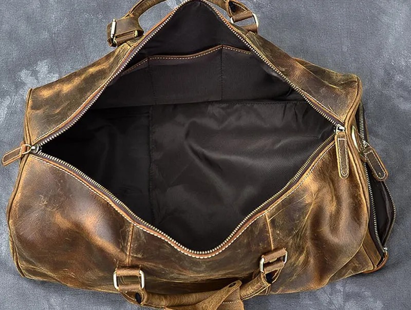Crazy Horse Leather Travel Bags Vintage Men Duffle Bag Shoulder Messenger Bag Overnight Bag With Shoes Compartment