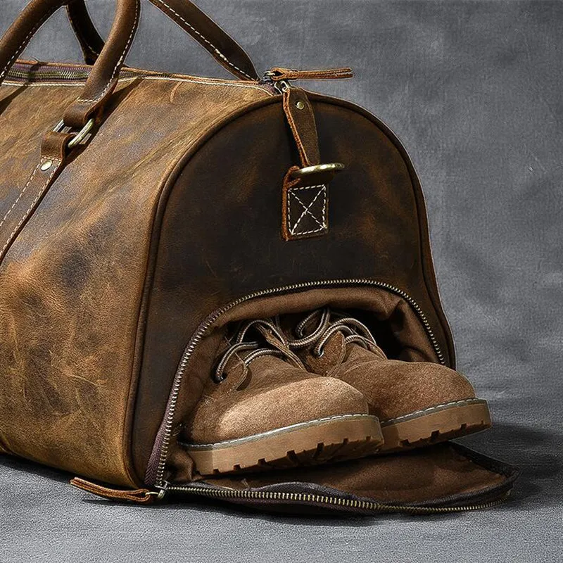 Crazy Horse Leather Travel Bags Vintage Men Duffle Bag Shoulder Messenger Bag Overnight Bag With Shoes Compartment