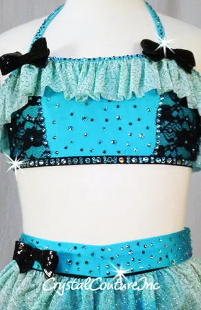 Custom Lt Turquoise and Black Lace Halter Bra-Top and Ruffled Booty Shorts - Swarovski Rhinestones