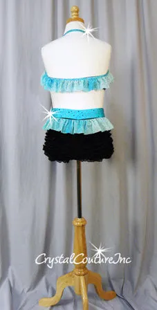 Custom Lt Turquoise and Black Lace Halter Bra-Top and Ruffled Booty Shorts - Swarovski Rhinestones