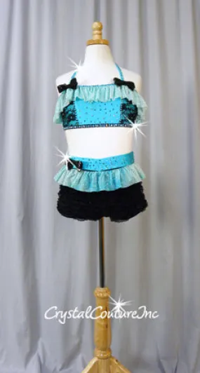 Custom Lt Turquoise and Black Lace Halter Bra-Top and Ruffled Booty Shorts - Swarovski Rhinestones