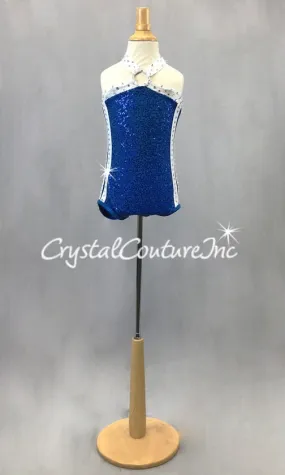 Royal Blue Zsa Zsa Halter Leotard  w/White Striping - Swarovski Rhinestones