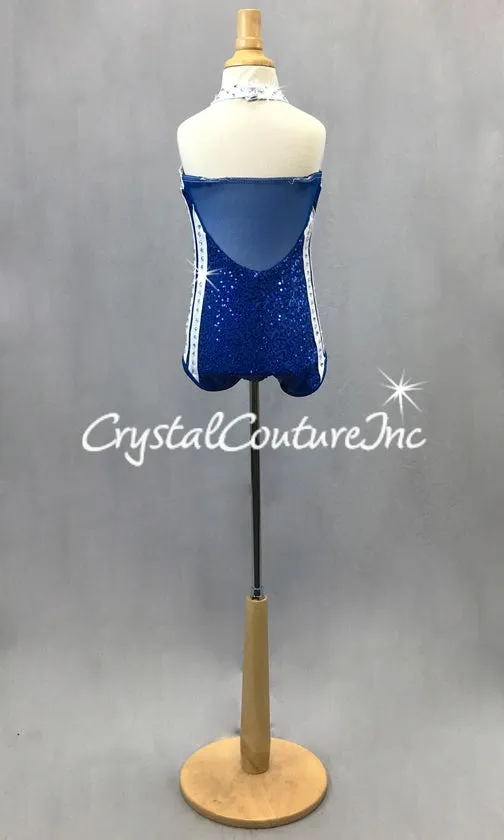 Royal Blue Zsa Zsa Halter Leotard  w/White Striping - Swarovski Rhinestones