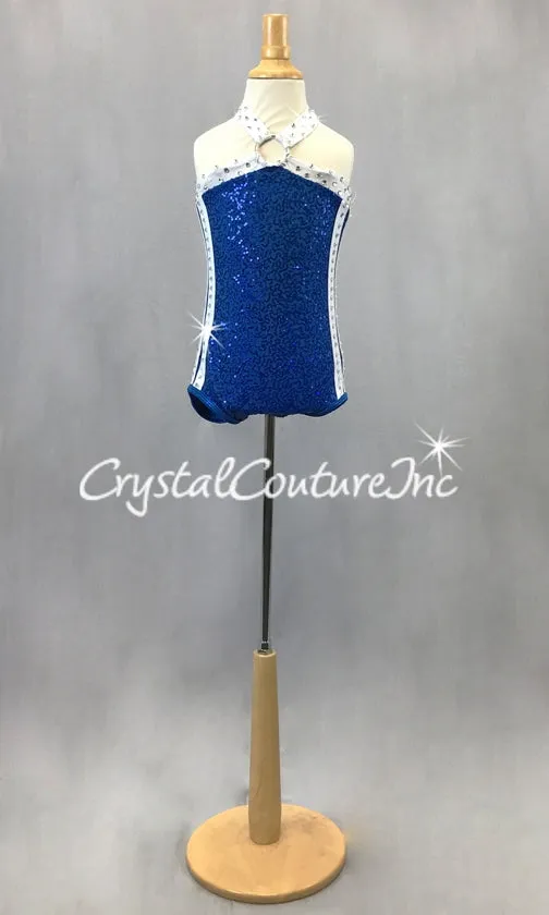 Royal Blue Zsa Zsa Halter Leotard  w/White Striping - Swarovski Rhinestones