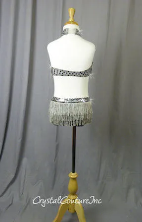 Shimmery Graphite Halter Top and Trunk with Fringe - Crystal Rhinestones