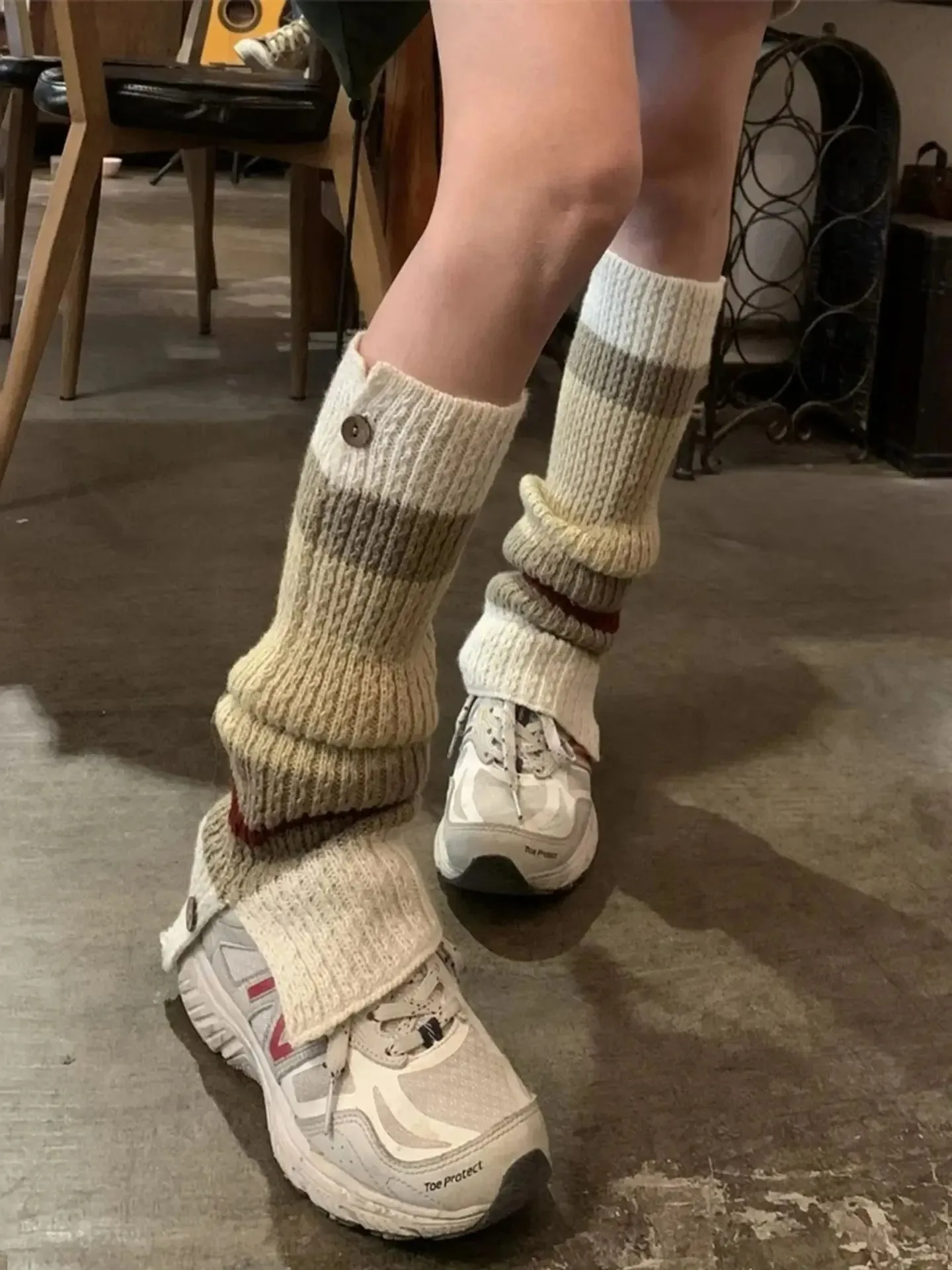 Sohiwoo Leg Warmers Woman Autumn and Winter New Solid Color Striped Thick Knitted Leg Warmers Buttons Slit Warm Socks for Women