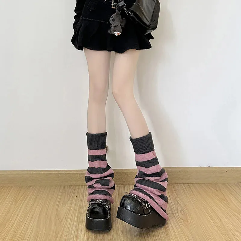 Sohiwoo Leg Warmers Woman Autumn and Winter New Solid Color Striped Thick Knitted Leg Warmers Buttons Slit Warm Socks for Women