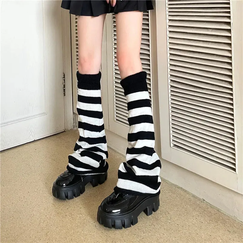 Sohiwoo Leg Warmers Woman Autumn and Winter New Solid Color Striped Thick Knitted Leg Warmers Buttons Slit Warm Socks for Women