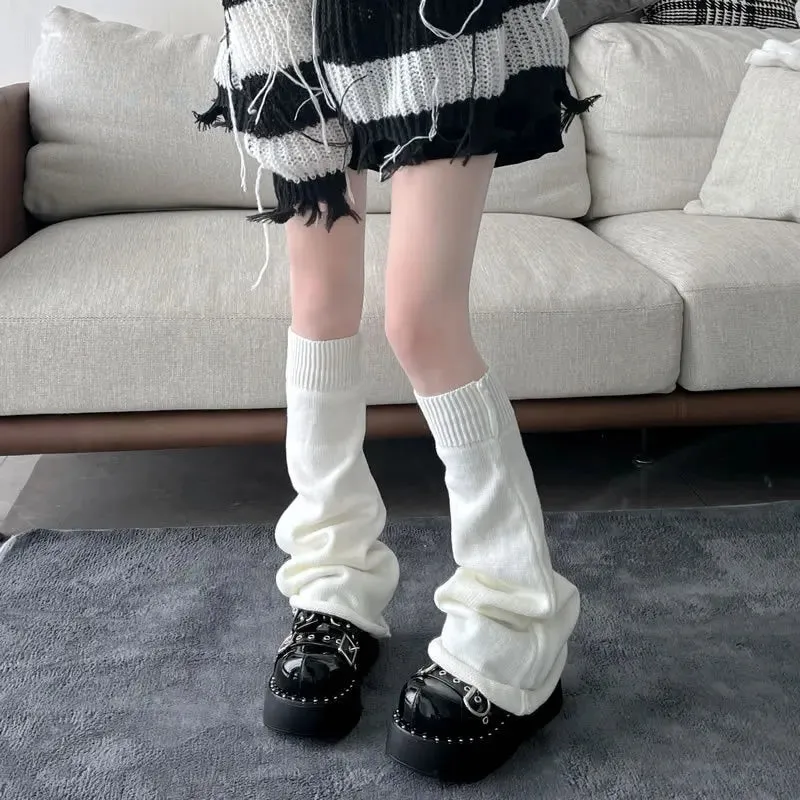 Sohiwoo Leg Warmers Woman Autumn and Winter New Solid Color Striped Thick Knitted Leg Warmers Buttons Slit Warm Socks for Women