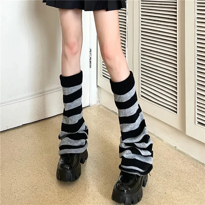 Sohiwoo Leg Warmers Woman Autumn and Winter New Solid Color Striped Thick Knitted Leg Warmers Buttons Slit Warm Socks for Women