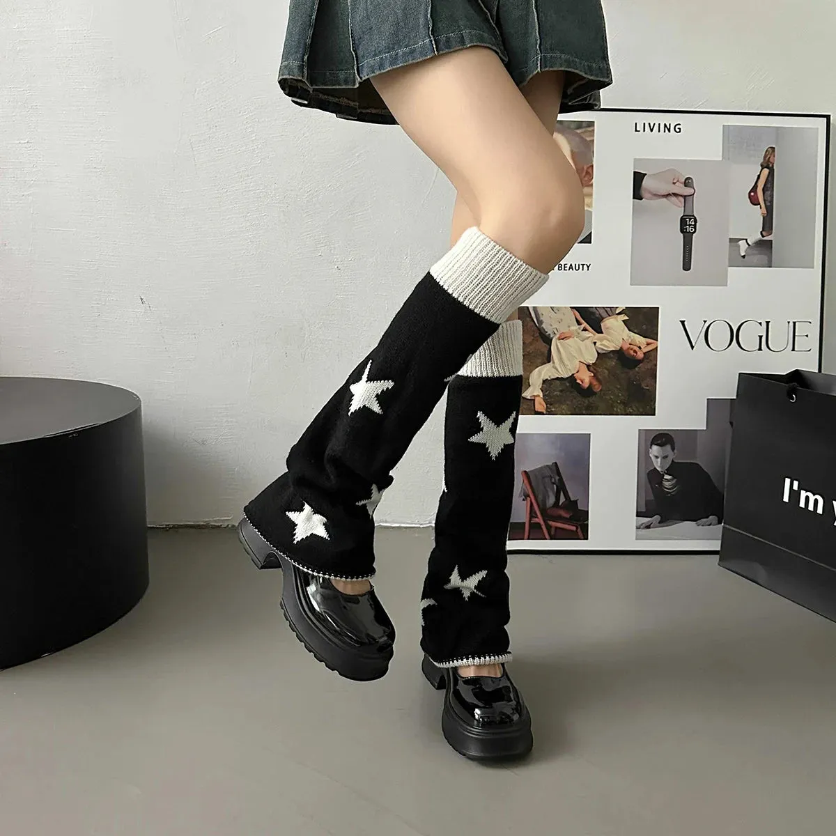 Sohiwoo Stars Pattern Knitted Leg Warmers Gothic Loose Fit Leg Cover Sock Cover Y2K Girls Fall Winter Casual Leg Protector Stocking 2Pcs