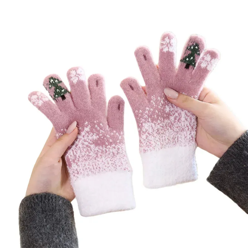 Thick Warm Christmas Tree Knit Full Finger Skiing Touchscreen Plush Winter Christmas Glove