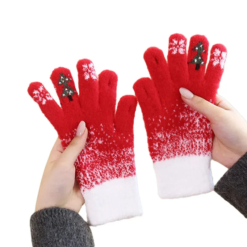 Thick Warm Christmas Tree Knit Full Finger Skiing Touchscreen Plush Winter Christmas Glove