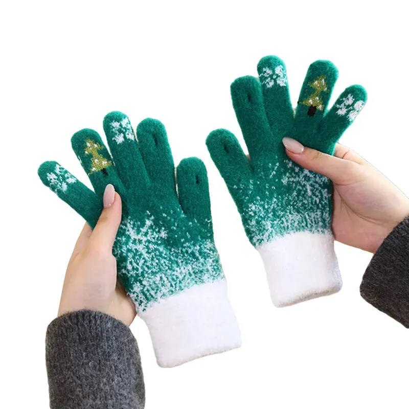 Thick Warm Christmas Tree Knit Full Finger Skiing Touchscreen Plush Winter Christmas Glove