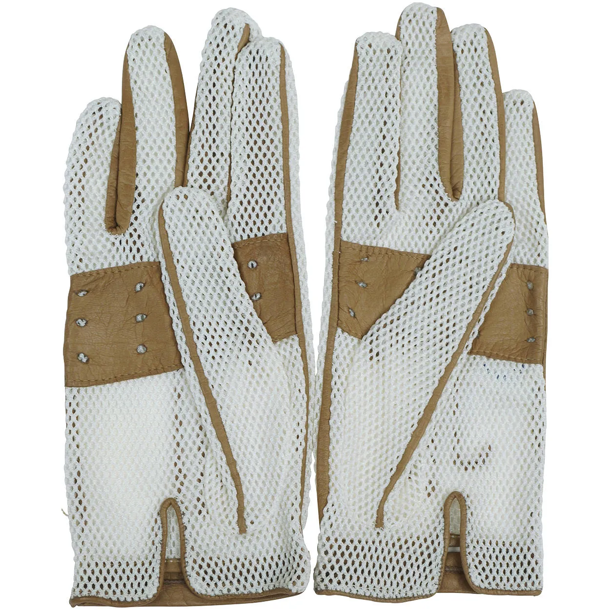 Vintage 1960s Italian Gloves White Nylon Mesh &amp; Brown Leather Italy Unused Sz 7
