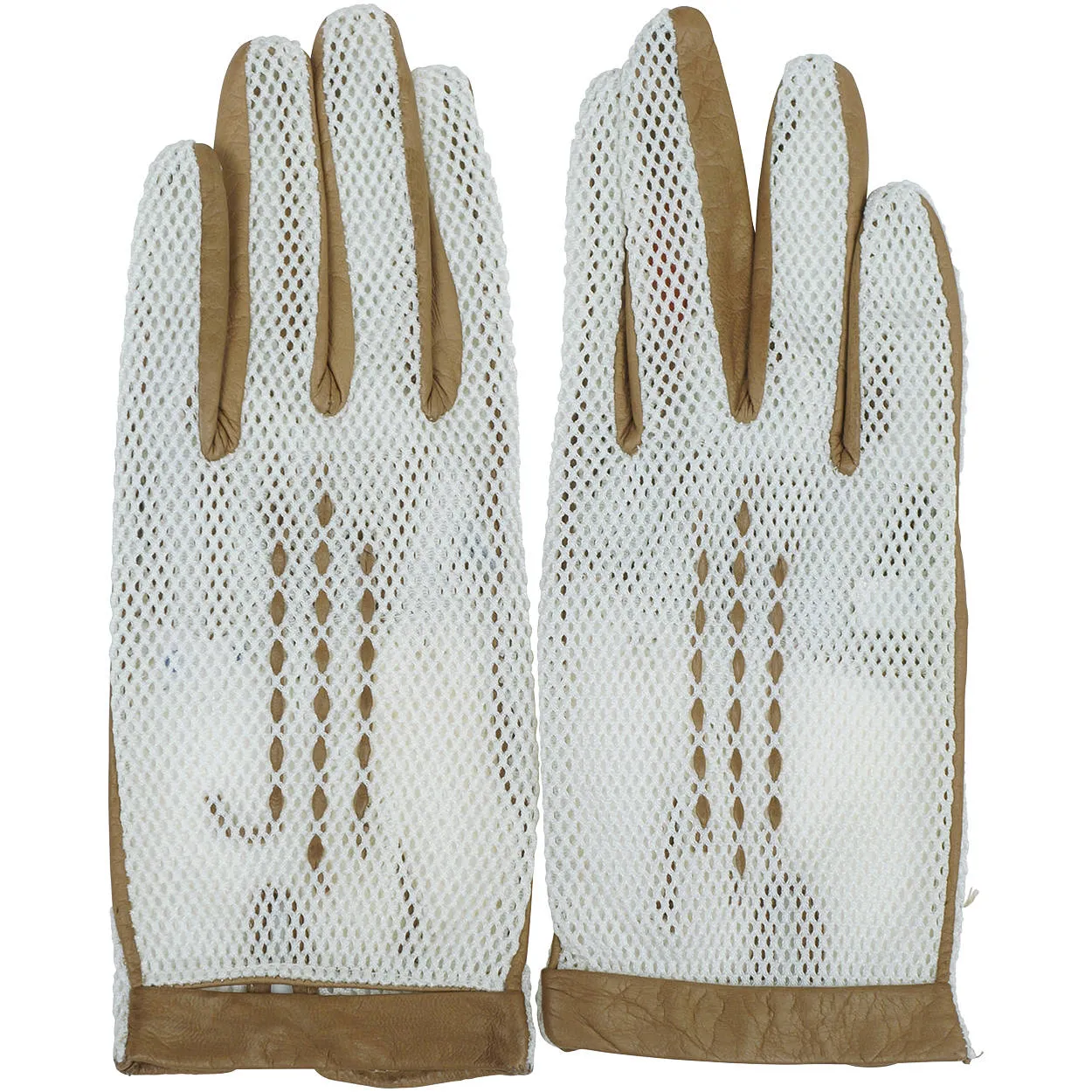 Vintage 1960s Italian Gloves White Nylon Mesh &amp; Brown Leather Italy Unused Sz 7