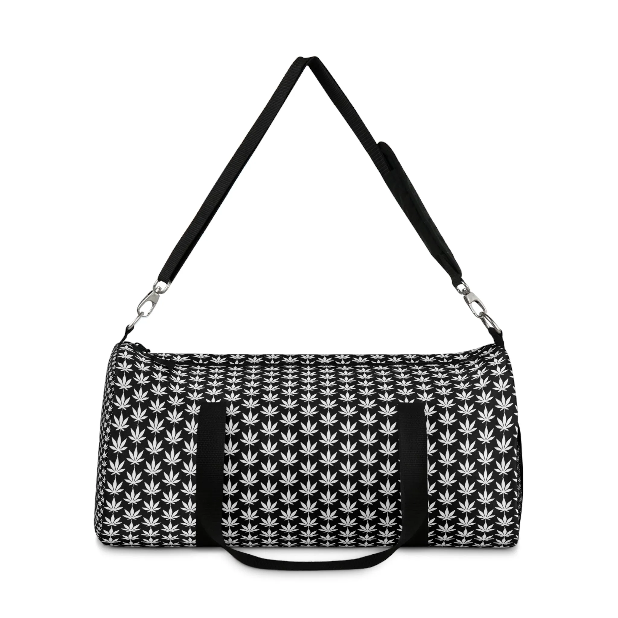 White Cannabis Leaf Black Duffel Bag