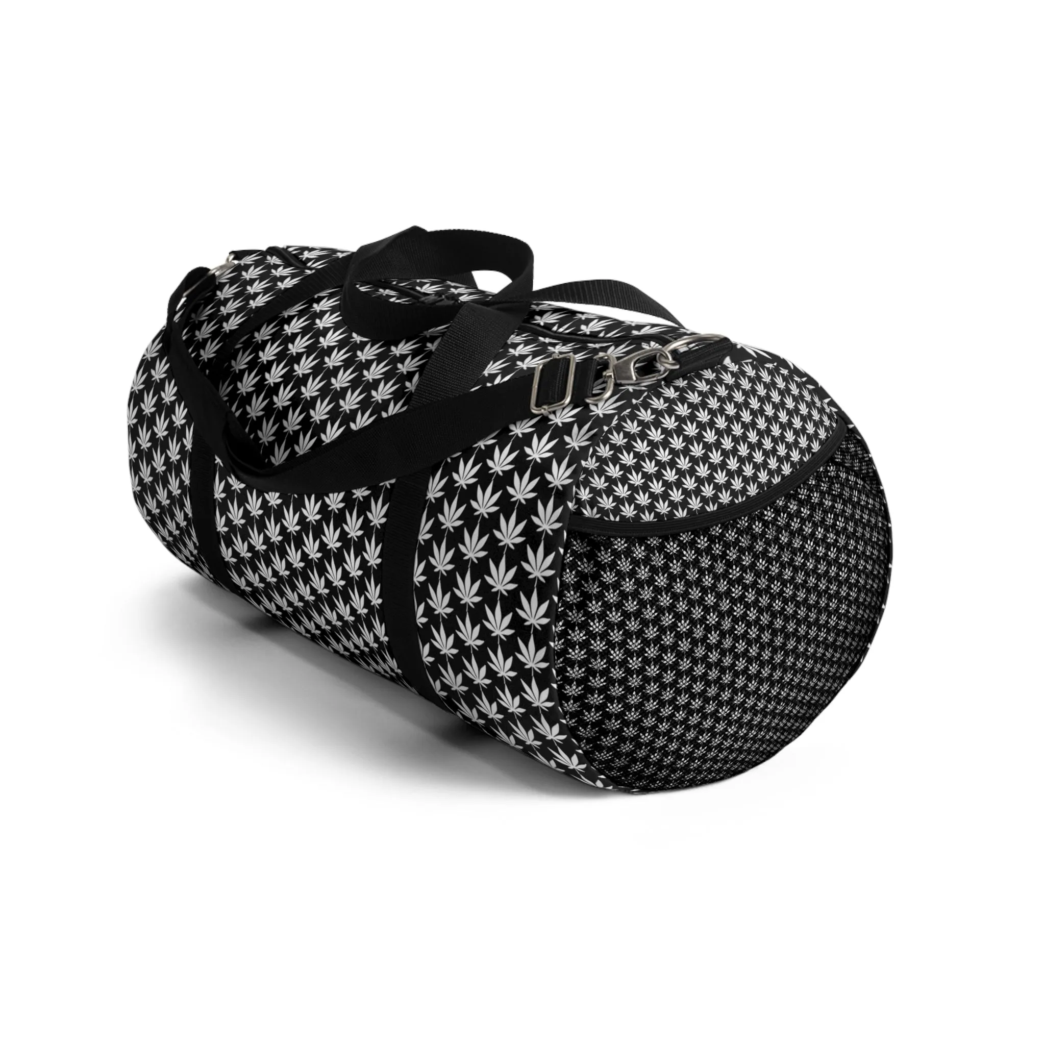 White Cannabis Leaf Black Duffel Bag