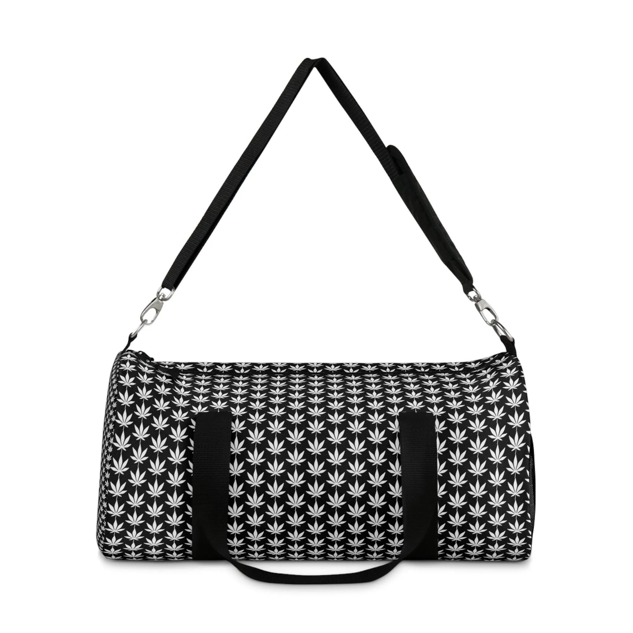White Cannabis Leaf Black Duffel Bag