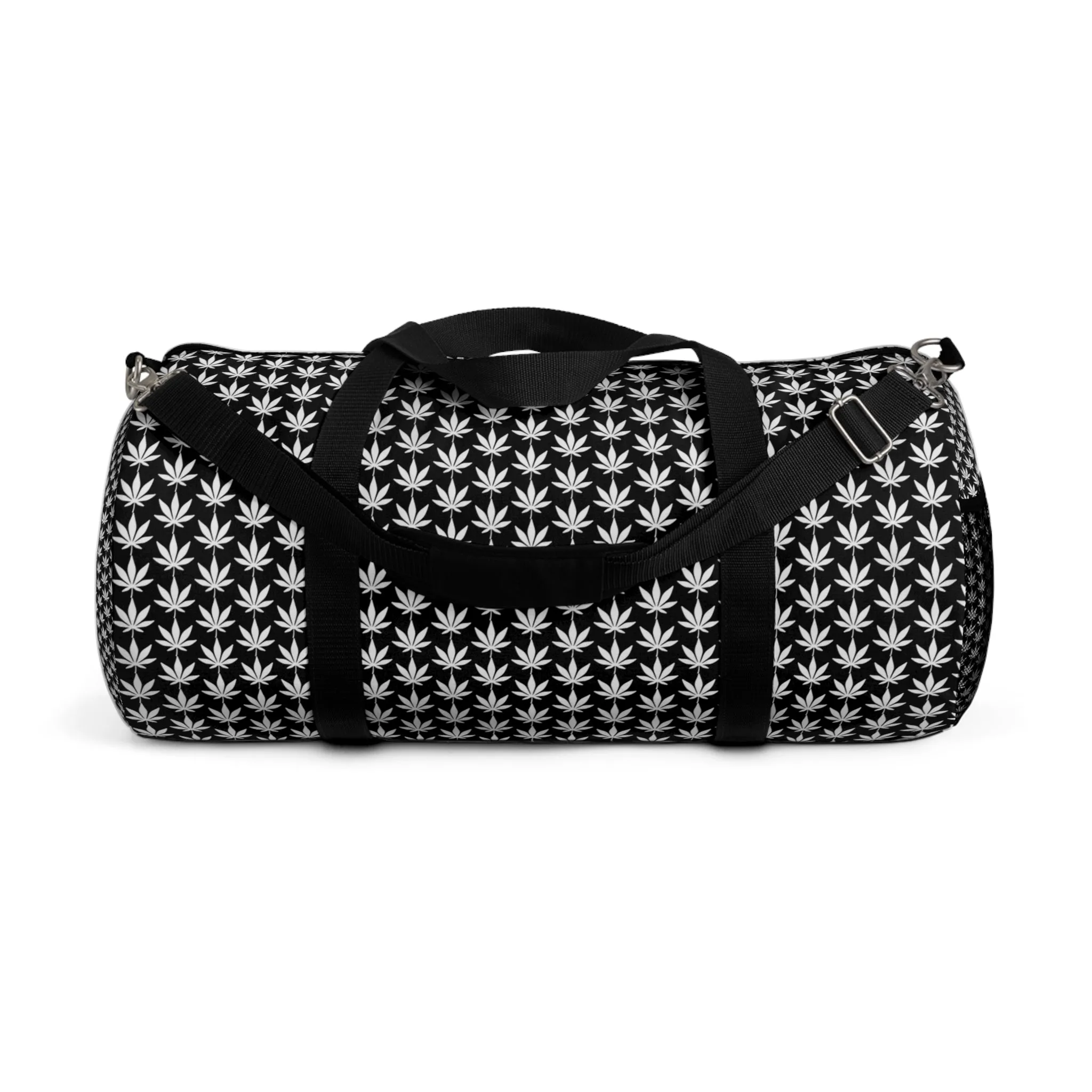 White Cannabis Leaf Black Duffel Bag